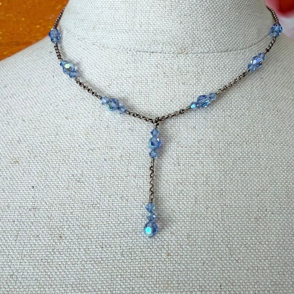 Sterling Silver Blue AB Crystal Y Drop Lariat Necklace